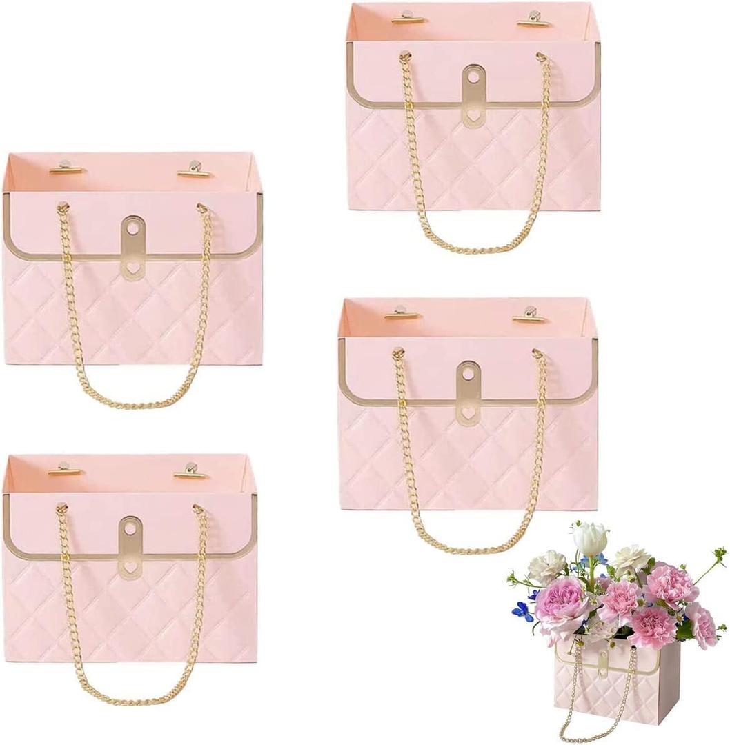NADUSEP 4 PCS Flower Paper Gift Bag, 2023 New Bouquet Storage Bucket with Metal Chain, Florist Handbag Gift Case for Graduation Wedding Party Birthday Valentine's Mother's Day, Gift Craft Wrap Bags for Bridal Shower, Anniversary, Thanksgiving, Christmas (Pink)