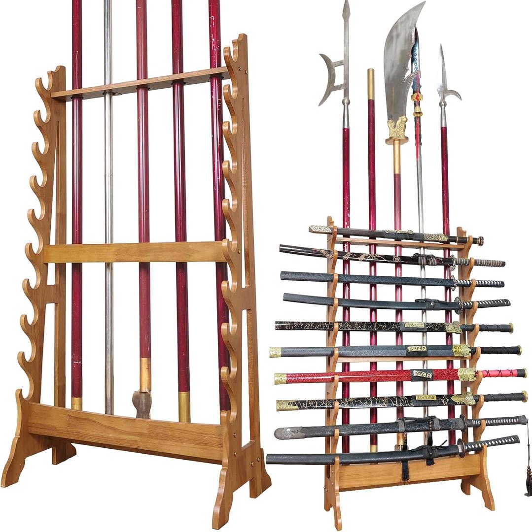 Sword Stand Vertical | Wooden Katana Stand, Sword Display Stand 10~Layer 5 Hole Samurai Sword Stand Display, Sword Rack Floor Standing Sword Holder, Large Sword Storage | Multilayer Lightsaber Hangers (Brown)