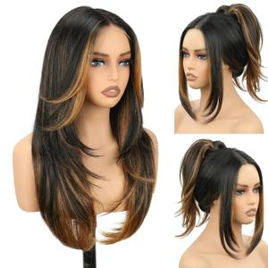 NOSTALGIA Wear and Go Glueless Wigs Pre Plucked Pre Cut for Beginners Synthetic Lace Front Wigs For Woman Honey Blonde With Black Long layered Straight Wig 3 Seconds to Wear (24 Inch, Highlight Mix Black), 2 Pack