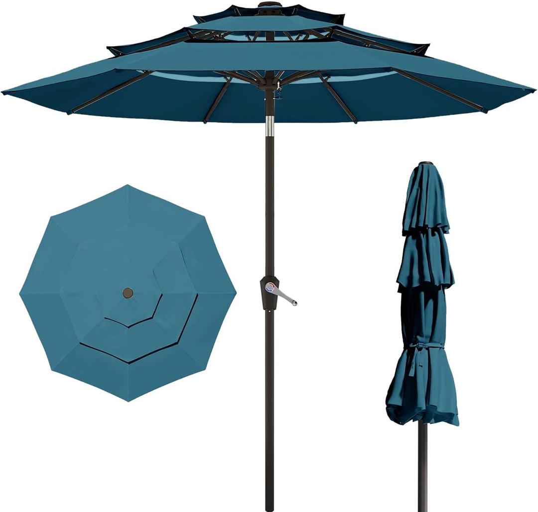 Patio Kingdom 10FT Patio Umbrella 3 Tiers Outdoor Market Umbrella w/Push Button Tilt, Crank, UV and Waterproof Table Umbrella for Garden, Pool, Backyard, Deck, Lawn, Lake Blue