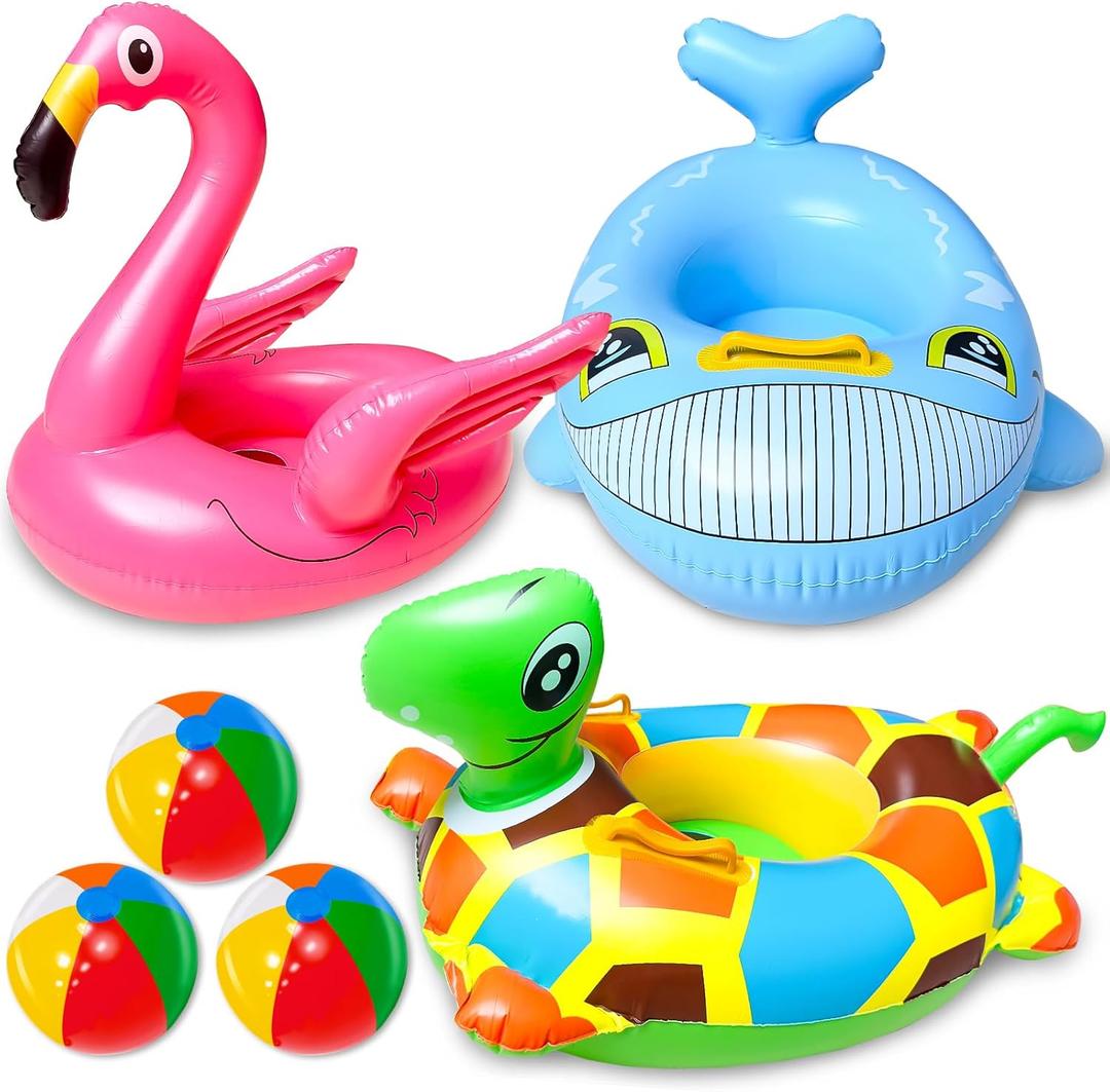 3 Pack Inflatable Kids Pool Floats with 3 Beach Ball, Pool Toys for Toddlers Kids, Animal Ride-On Swim Rings with Safety Seat & Handle, Swim Tube for Pool Party & Beach (Flamingo Turtle Shark)