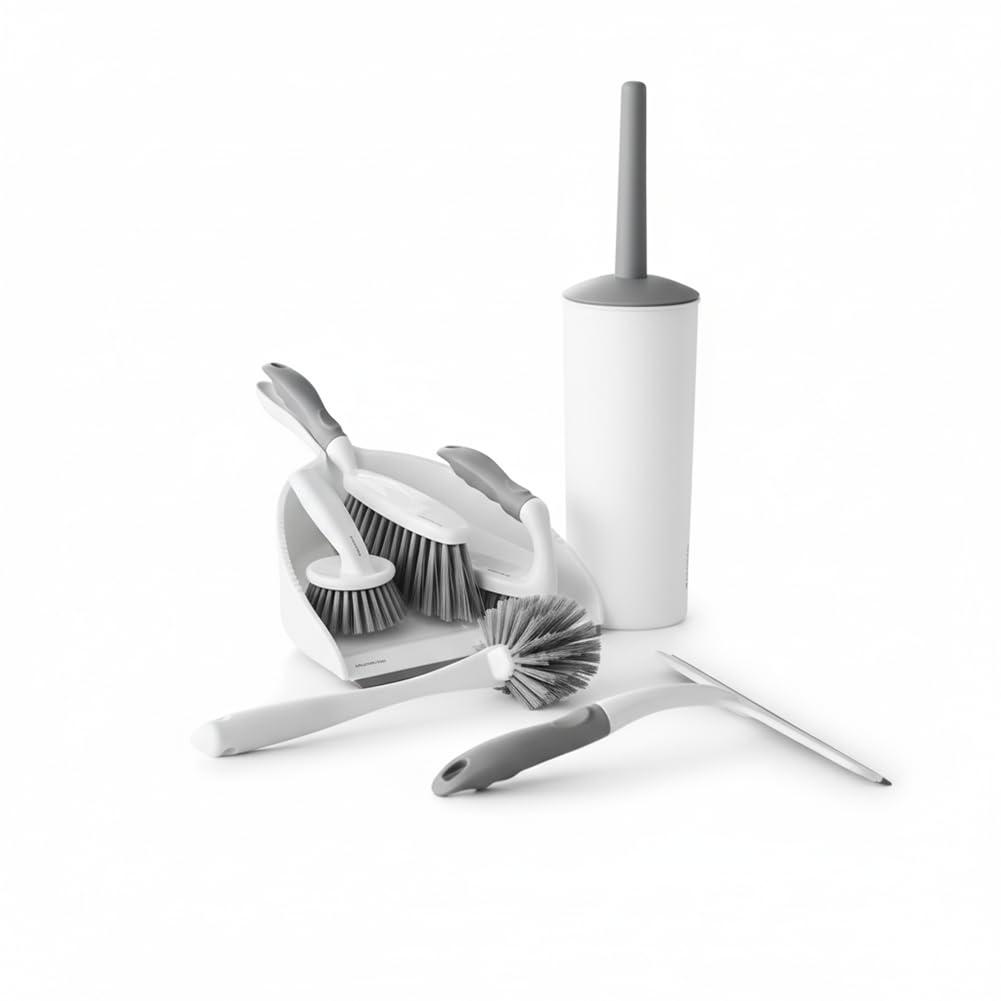 OVENTE 5pcs Scrub Brush Set with Wiper & Dustpan, Scrubbing Brushes for Household Use with Ergonomic Handle & Stiff Bristles Ideal for Cleaning Kitchen, Bathroom, Dishes, Tiles & Sink, White CTB018WGY