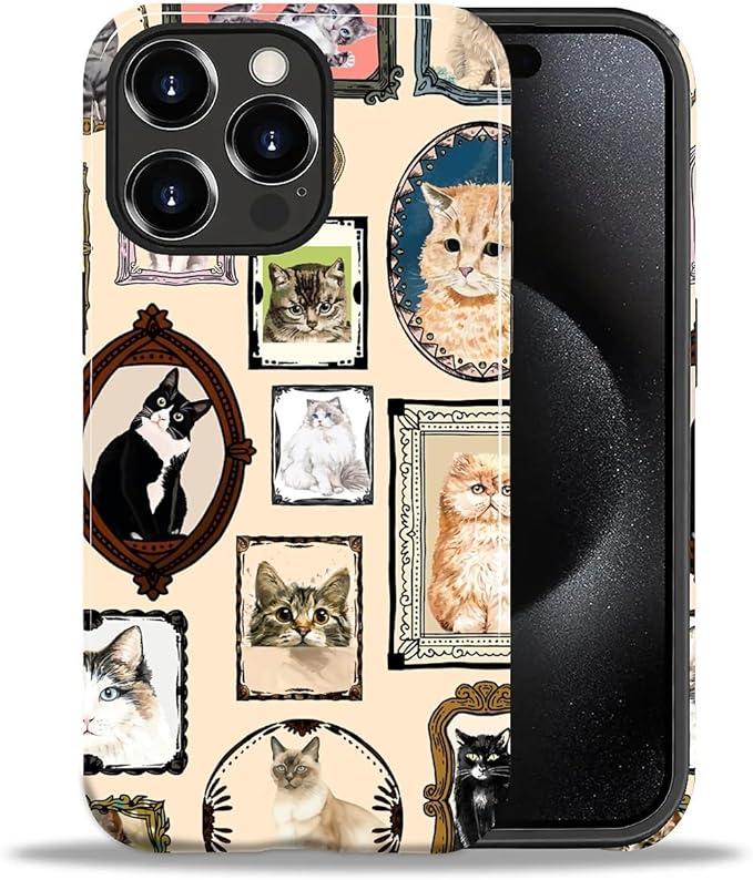 CARLOCA Case for iPhone 15 Pro Max,Vintage Cat Animal Pet Lover Collage Design Hybrid Dual Protection Soft TPU + Hard PC, Shockproof & Anti-Scratch Cover Men Women Stylish Protective Phone Case