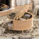 Round Coffee Table, 31.5" Fluted Center Table with Storage, Lift-Top Coffee Table with Adjustable Footpads, Sliding Door, Mid-Century Modern Center Table for Living Room, Small Space (Nature), Round, 31.5-inch Diameter, 17.7-inch Height