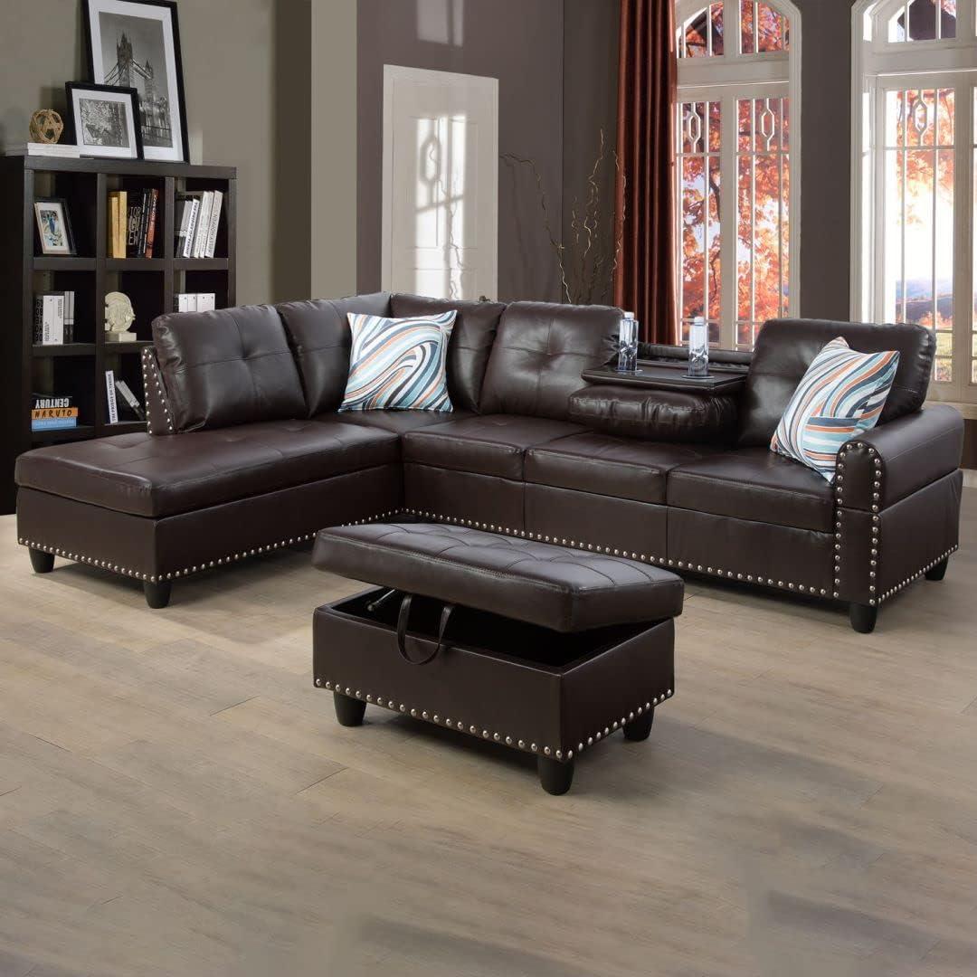 Leather Sectional Sofa, Living Room Furniture with L Shaped Couch, Cup Holders, Storage Ottoman in Brown (Left-hand Facing)
