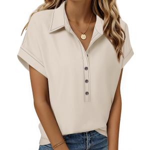 Bebonnie Women's Button Down Shirts Short Sleeve Dress Shirts Collared Work Office Blouses (Beige)