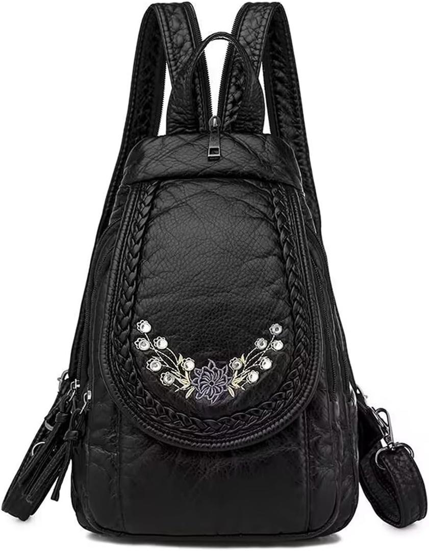 Mini Backpack for Women, Soft Washed PU Leather Small Backpack Purse for Women, Waterproof Fashion Shoulder Bag, Ladies Travel Black Rucksack Handbags Bags with Beautiful Flower Pattern