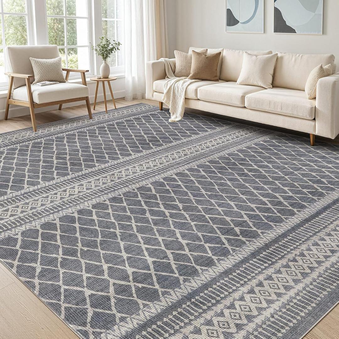 cotiled 9x12 Area Rug Living Room: Washable Boho Rugs with Non Slip Backing Large Soft Indoor Stain Resistant Carpet for Bedroom Farmhouse Dining Room Lightweight Home Decor Charcoal Grey