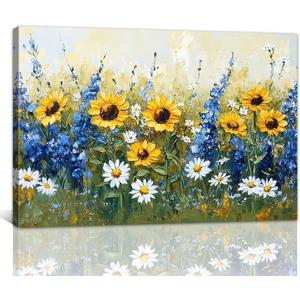 Flower Canvas Wall Art Abstract Sunflower Lavender Daisy Pictures Wall Decor Prints Wildflower Paintings Colorful Floral Poster for Bathroom Decor Framed(Flower-2,12L x 18W)