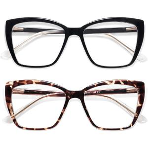 AMOMOMA Trendy TR90 Oversized Blue Light Reading Glasses Women,Stylish Square Cat Eye Glasses AM6031 (C1.black+c6.tortoise), Magnification Strength: 1.75 x