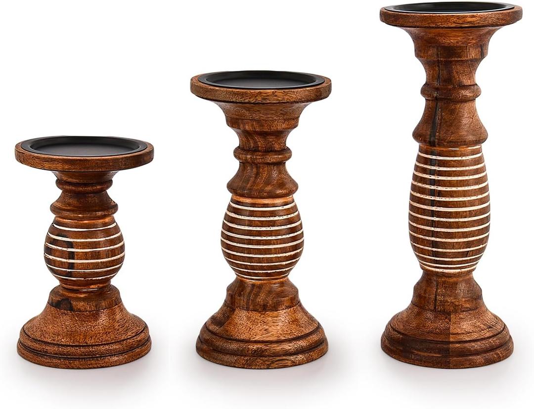 NIRMAN Candleholder Sets Mango Wood Farmhouse Wooden Candle Holders for Candles Set of 3 for Table Centerpieces Brown Home Decor Kitchen