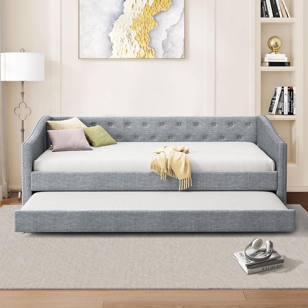 Twin Size Upholstered Daybed with Trundle, Tufted Sofa Bed w/Button on Back and Piping on Waved Shape Arms for Bedroom Guest Room, No Box Spring Needed, Light Grey