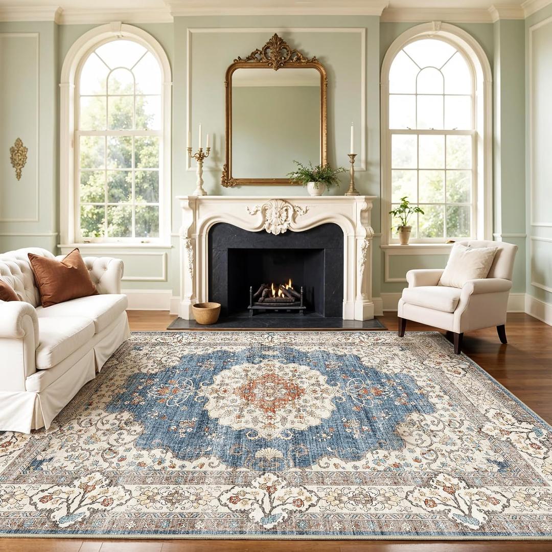 Washable 9x12 Area Rug - Large Rug for Living Room Stain Resistant Low Pile Carpet Vintage Oriental Rug for Bedroom with Non Slip Backing Home Decor Floor Decor Mat (9x12 Blue/Beige) Washable 9x12 Area Rug - Large Rug for Living Room Stain Resistant Low Pile Carpet Vintage Oriental Rug for Bedroom with Non Slip Backing Home Decor Floor Decor Mat (9x12 Blue/Beige)