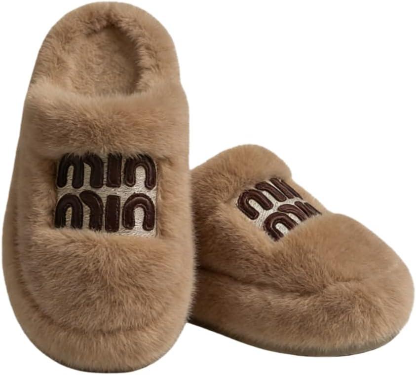 Cozy Faux Fur Slippers with Stylish Letter Embroidery Non-Slip Rubber Sole Soft Indoor Shoes for Home Brown (5-5.5 Women/4.5-5 Men)