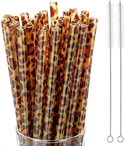 Leopard Straws Bulk Reusable Plastic Cheetah Animal Straws and Cleaning Brush for Women Tumblers Drinking Safari Wild Birthday Party Favors(Classic Style,27 Pieces)