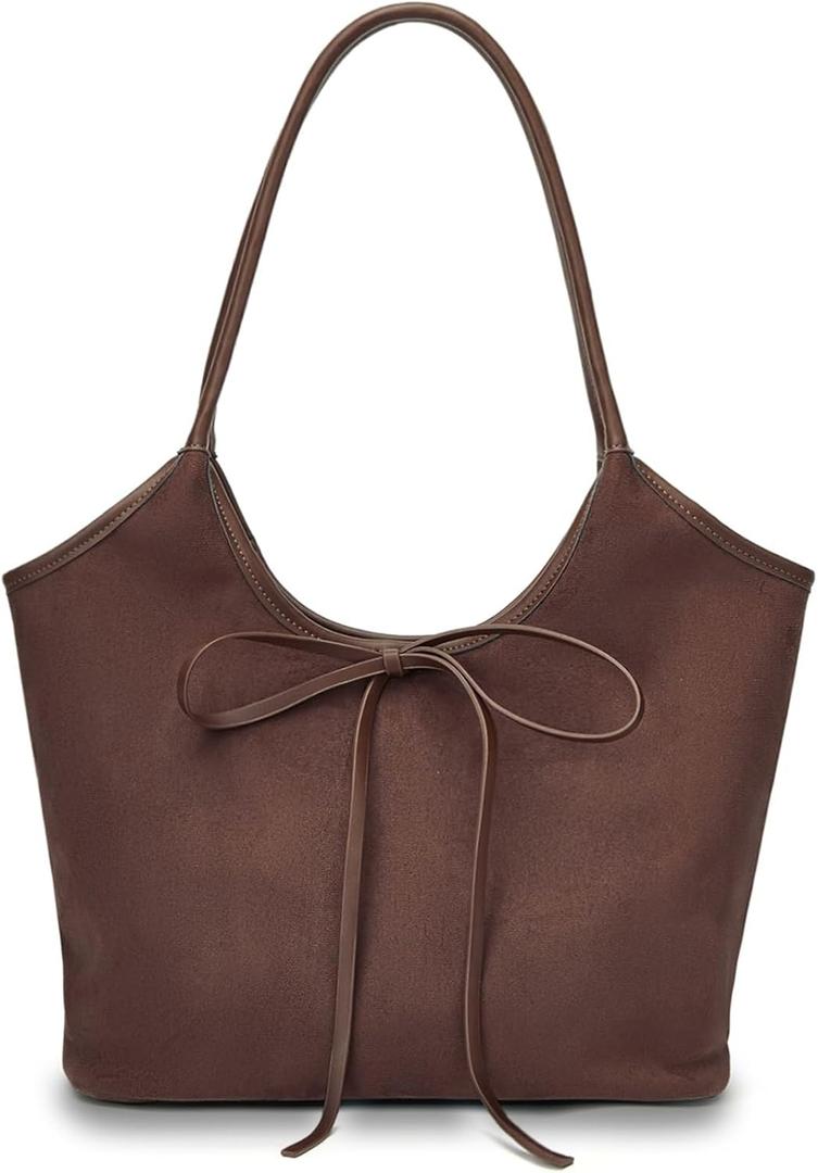 Vintage Suede Bow Tote Bag for Women Girls Slouchy Shoulder Bag Large Capacity Hobo Bag Satchel Purse Underarm Bag