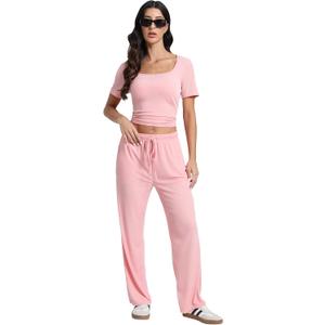 Women's 2 Piece Set Summer Outfits I Lounge Sets Short Sleeve Tops I High Waisted Wide Leg Pants Tracksuit Sets, XL, Pink