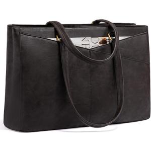 LOVEVOOK Laptop Bag for Women,15.6 Inch Laptop Tote Bag for Women, Vintage Leather Work Tote Bags Computer Business Teacher Bag, Waterproof Office Briefcase (Black Coffee)