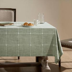 ZeeMart Grid Embroidered Hemmed Tablecloths, Green 60x104 Inch, Farmhouse Style Heavy Weight Cotton Linen Sage Green Tablecloths, Boho Plaid Water Resistant Rectangle Table Cloth