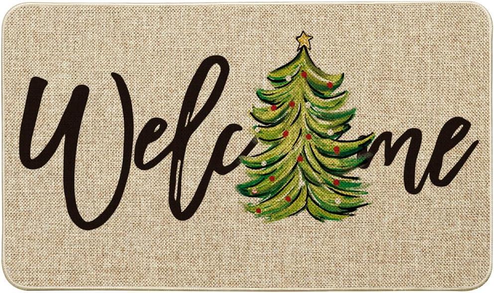 Artoid Mode Beige Xmas Tree Christmas Welcome Doormat, Winter Home Decor Low-Profile Switch Rug Door Mat Floor Mat for Indoor Outdoor 17x29 Inch