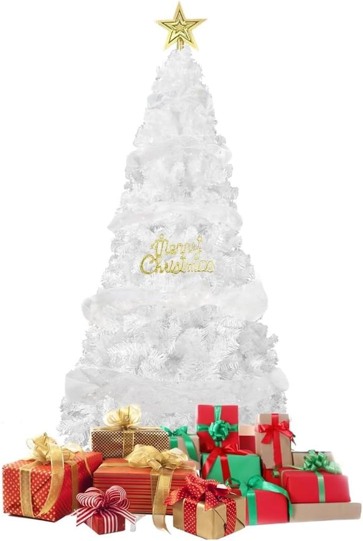 ptlsy White Christmas Tree 7ft Premium Artifical Pine Tree with Soild Metal Stand and Decorations Fit for Indoor Outdoor,1100 Tips (7 feet White)