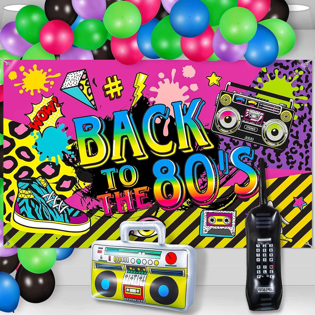 2 x Xuhal 80's Party Decorations Back to the 80s Party Backdrop Banner with Inflatable Radio Boombox and Mobile Phone Latex Balloons for 80s Hip Hop Themed Birthday Photo Booth Background Party Supplies