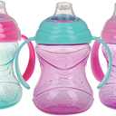 Nuby Clik-It Grip N' Sip Soft Spout No-Spill Training Sippy Cup with Handles - (3-Pack) 10 oz - 4+ Months - Aqua/Purple/Pink