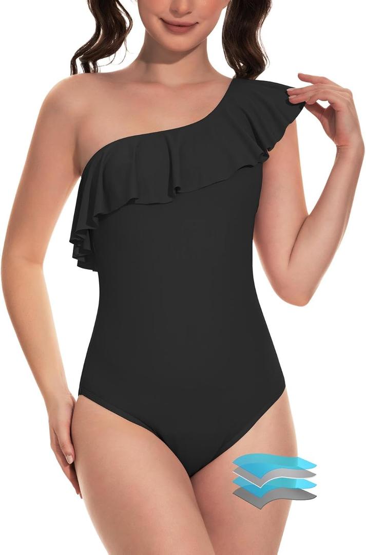 Beautikini Period Swimwear One Piece Menstrual Leakproof Swimsuit One Shoulder Ruffle Bathing Suits for Girls Teens (Black, L)