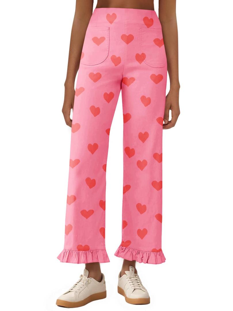 Cicy Bell Womens Ruffle Wide Leg Capris Pants Casual High Waisted Trousers (Pink, XXL)