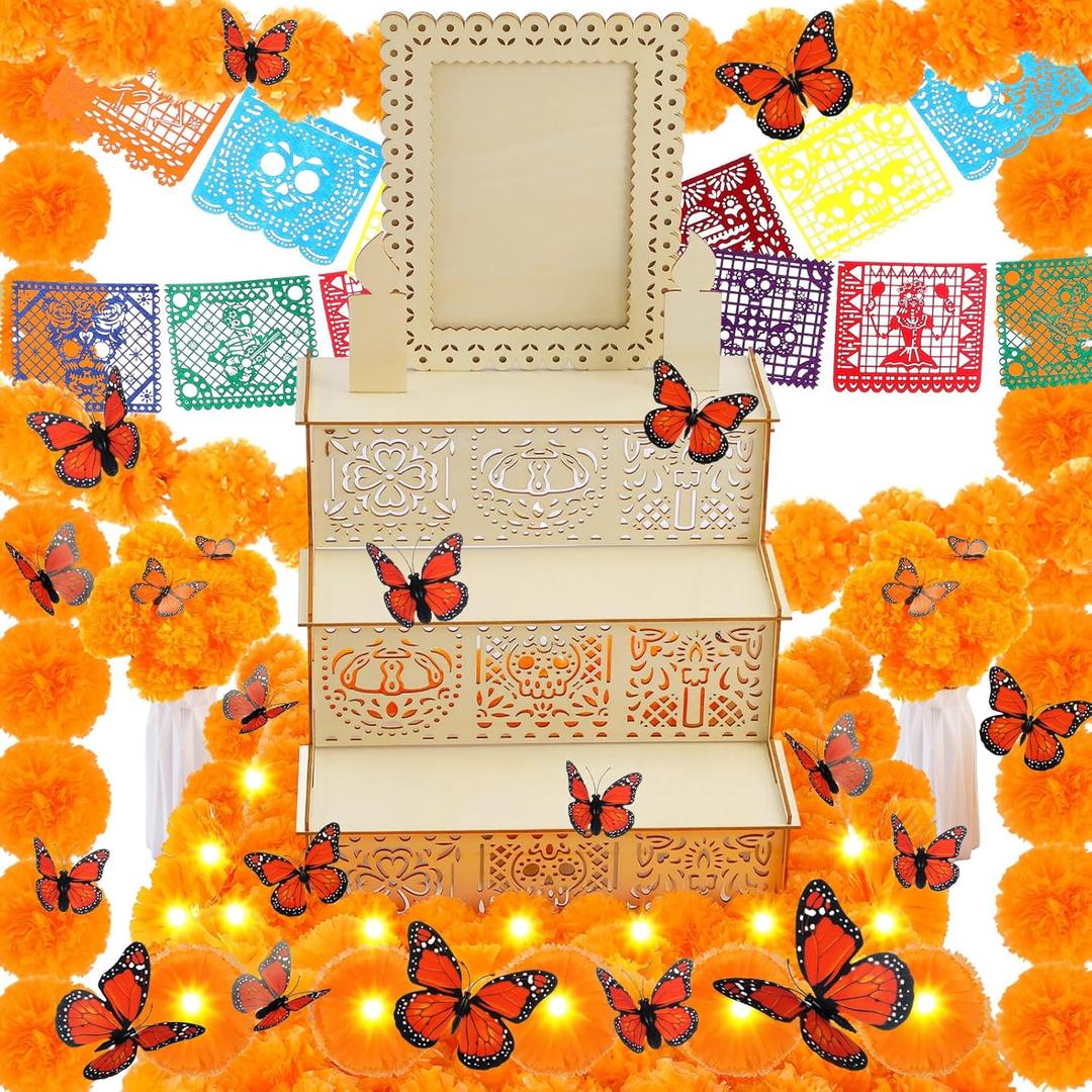 76 Pcs Dia De Los Muertos Decorations Set Ofrenda Altar Wooden Shadow Box Day of The Dead Banners Light up Marigold Mexican Papel Picado Butterfly Hanging Garlands for Altar Decor Supplies