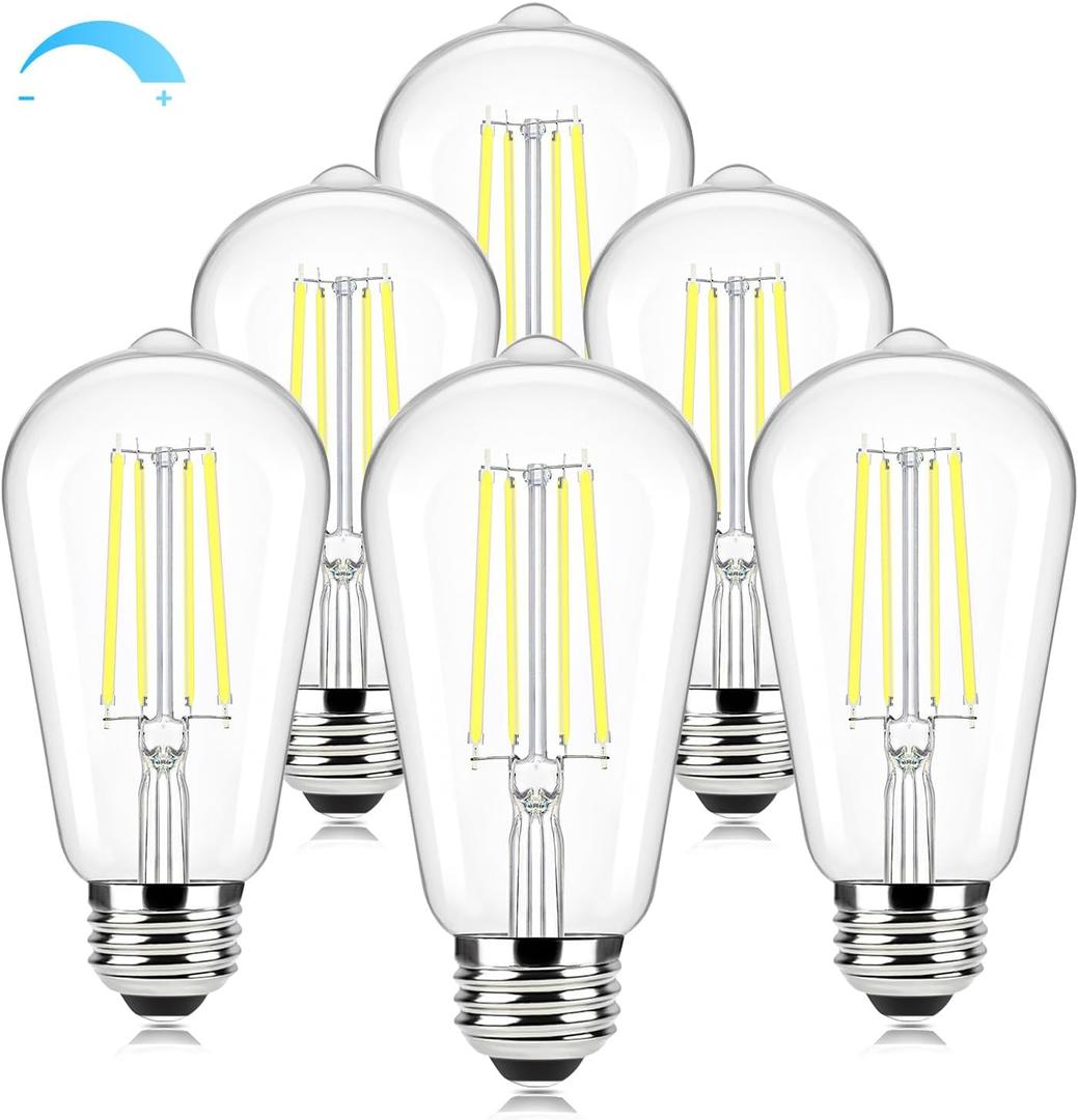 Brightever Vintage LED Edison Bulbs 60 Watt Equivalent, Dimmable 5000K Daylight White Light Bulbs, 7W, 850LM E26 LED Bulb, 90+CRI, ST58 Clear Glass Antique Decor Filament Lightbulbs for Room, 6-Pack