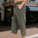 Womens Summer Capris Pants Causal Drawstring Elastic Waist Pants Lightweight Trousers Buttons Trim with Pockets