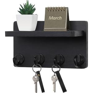 Nekon Key Holder Wall Mount, 8.5 Inch Small Home Decor Wooden Wall Organizer with 4 Hooks and Shelf, Wall Decor for Living Room Entryway Kitchen (Black)