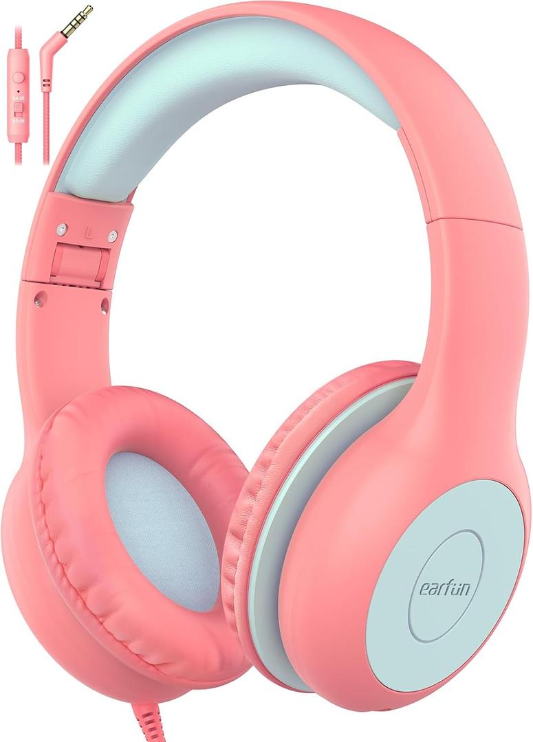 EarFun Kids Headphones Wired with Microphone, 85/94dB Volume Limit Headphones for Kids, Portable Wired Headphone with Shareport, Stereo Sound Foldable Headset for School/Tablet/iPad/Kindle Pink