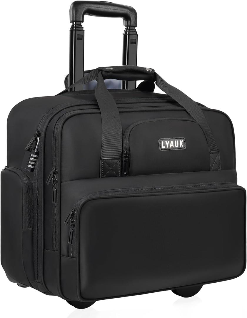 Rolling Laptop Bag Men Women with Wheels, Anti Theft Rolling Briefcase for 17.3 inch Laptop, Water Resistant Overnight Computer Bag Laptop Briefcase for Travel/Work/Business, Black