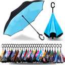SIEPASA 49 Inch Inverted Reverse Upside Down Umbrella, Extra Large Double Canopy Vented Windproof Waterproof Stick Golf Umbrellas with C-shape Handle. (Blue)