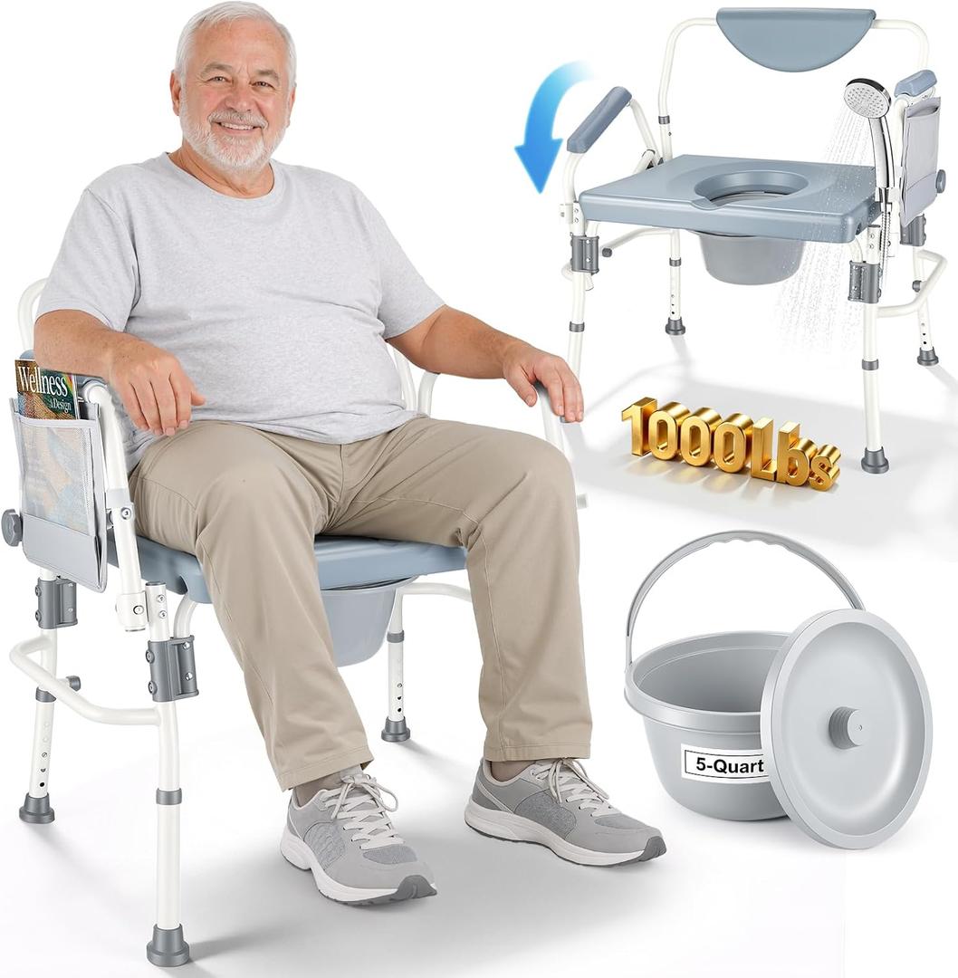 1000LBS Bariatric Bedside Commode, Extra Wide 3-in-1 Toilet Chair for Seniors, Disabled and Obese Users, Drop-Arm Commode with Heavy Duty Steel Frame, 5-Level Adjustable Height, Non-Slip Feet