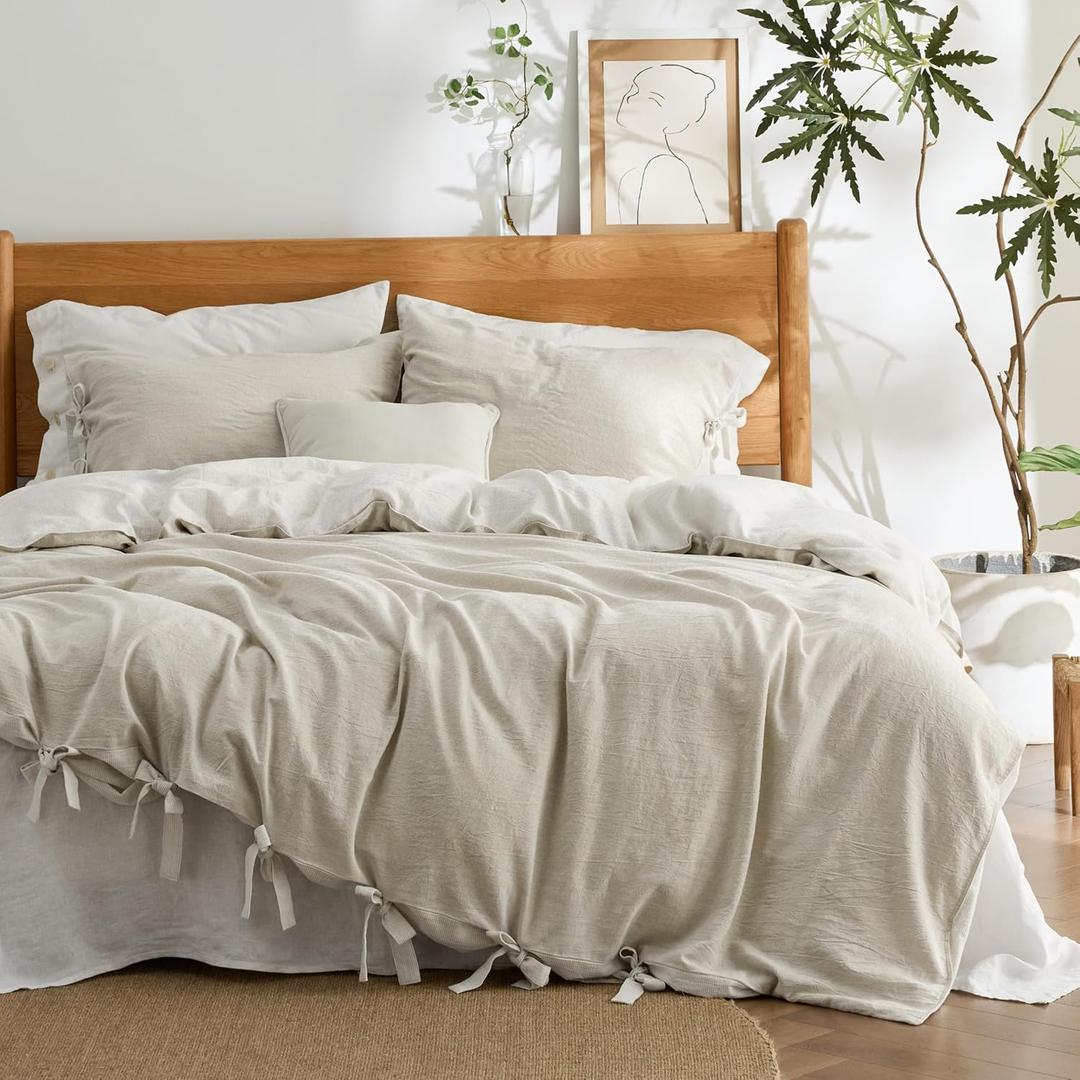 Bedsure Striped Duvet Cover Queen Size  Moisture-Wicking Eucalyptus Lyocell, Cotton & Linen Hybrid Comforter Cover Set with Bowknot Ties Closure  GentleSoft & Breathable Bedding Set  Beige (Queen (90" x 90"))
