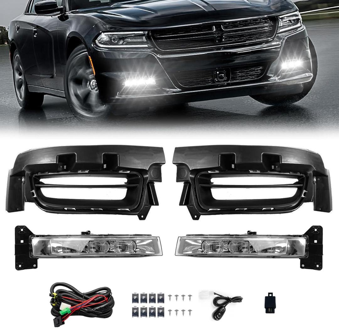 LED Fog Lights Fit for 2015 2016 2017 2018 2019 2020 Dodge Charger, A Pair of Front Bumper Fog Lamps with Switch and Wiring Harness- Clear Lens
