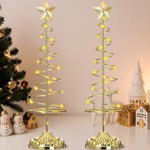 Yuefunny Set of 2 Lighted Christmas Tree Table Decoration with Golden Star Battery Operated Tabletop Prelit Mini Xmas Tree with LED Light up Desk Ornament for Home Mantel (Spiral,Antique Bronze)