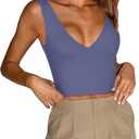 REORIA Butsmooth Womens Trendy Sexy Plunge Deep V Neck Sleeveless V Backless Slim Fit Going Out Crop Tank Tops (Small), Blue Nova 