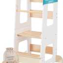 KYWAI Toddler Kitchen Stool Helper, Adjustable Standing Tower with Safety Rails, Anti-Tip Design & Non-Slip Stickers, Sustainable Product with Extra Memory Game Made from Leftover Wood (White)