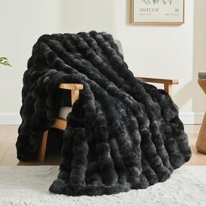BEDELITE Faux Fur Throw Blanket for Couch, Decorative Tie-Dye Black Plush Bubble Blanket - Super Soft & Cozy Fluffy Faux Rabbit Fur Blanket for Women Gift, 50x60 Inches