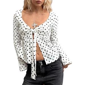 Women Y2k Polka Dot Bow Tie Front Split Hem Peplum Crop Tops Coquette Sweetheart V Neck Long Sleeve Fall Shirts (S)