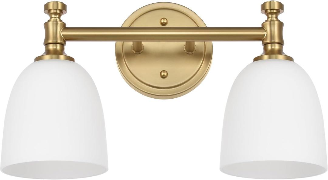 Gold Bathroom Vanity Light Fixtures, 2-Light Over Mirror, Traditional Vanity Lights for Living Room, Milk White Glass Shades, Standard E26 Base, Aged Brass, 16.3" W x 9.4" H x 6.25" D