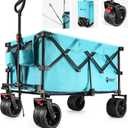 VILLEY Collapsible Folding Wagon with Big Wheels, All Terrain Beach Wagon Cart Heavy Duty Foldable, Enlarged 225lbs Capacity, Portable Utility Garden Cart with 2 Cup Holders and Brake, Blue