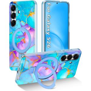 Magnetic for Galaxy S26 Case with Invisible Ring Stand[Compatible with MagSafe] Full Body Slim Women Girl Shockproof Marble Pattern Design Case for Samsung Galaxy S26,Blue/Pink