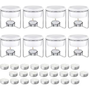Treela 40 Pieces Ceramic Butter Warmers Set Included Butter Warmers Melter and 32 Tealight Candles for Chocolate Cheese Fondue Crab Lobster Microwave Oven Safe (White, Gray)