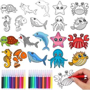 DAVAXI 60 Set Ocean Animal Art Cards DIY Sea Animals Coloring Magnet Ornaments with 24 Colored Pen Ocean Craft Kits Sea Coloring Craft Painting Card for Class Art Party Favors DIY Crafts Home Decor