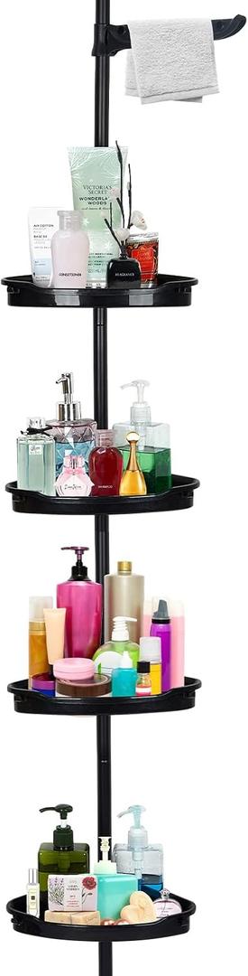Corner Shower Caddy Tension Pole, Rust-Resistant Bathroom Storage Organizer with 4-Tier Adjustable Shelves & Rubber Pad, 101.6''- 122'' Height, No-Drill Quick Installation